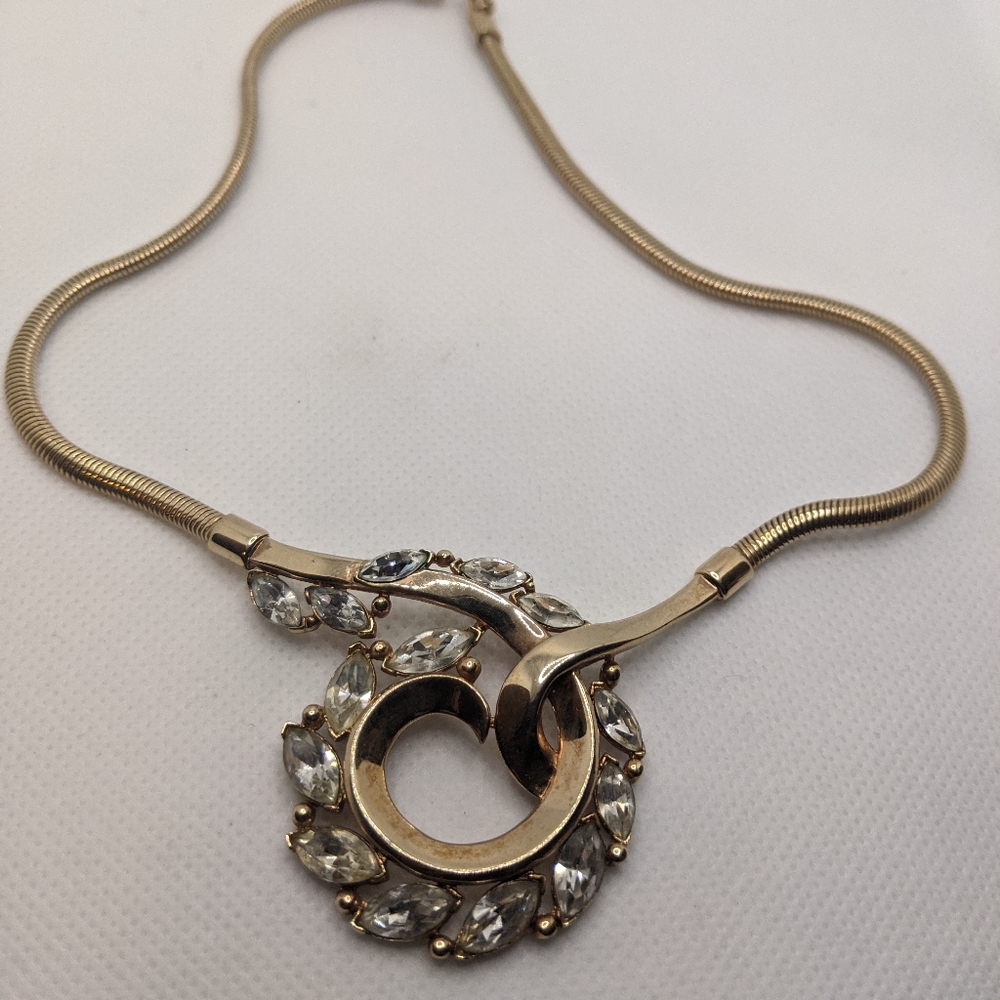 Signed Crown Trifari gold plated rhinestone choker